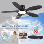 Ceiling Fans with Lights and Remote/APP Control, 52 inch Low Profile Ceiling Fans with Dimmable White + RGB Ring Lights, 6 Speeds 5 Curved Blades for Kids Room Bedroom Bar, Black