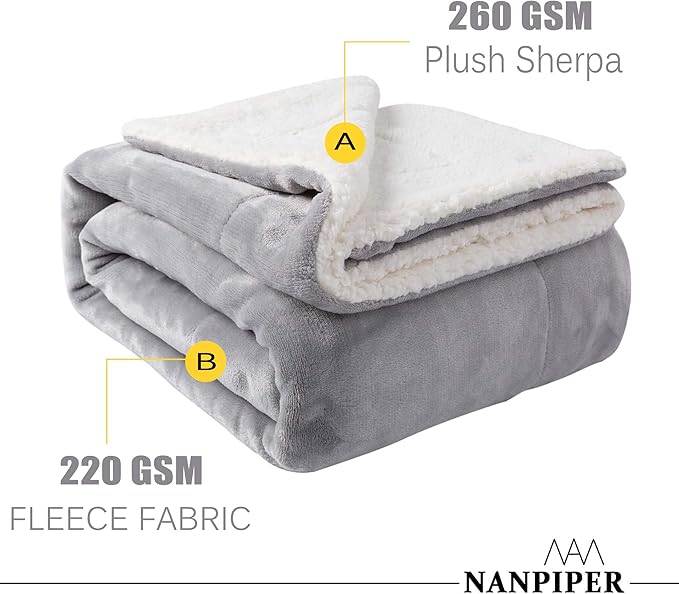 NANPIPER Sherpa Blanket Warm Blankets for Winter Super Soft Fuzzy Flannel Fleece/Wool Like Reversible Velvet Plush Couch Blanket Lightweight(Light Grey Throw Size 50"x60")