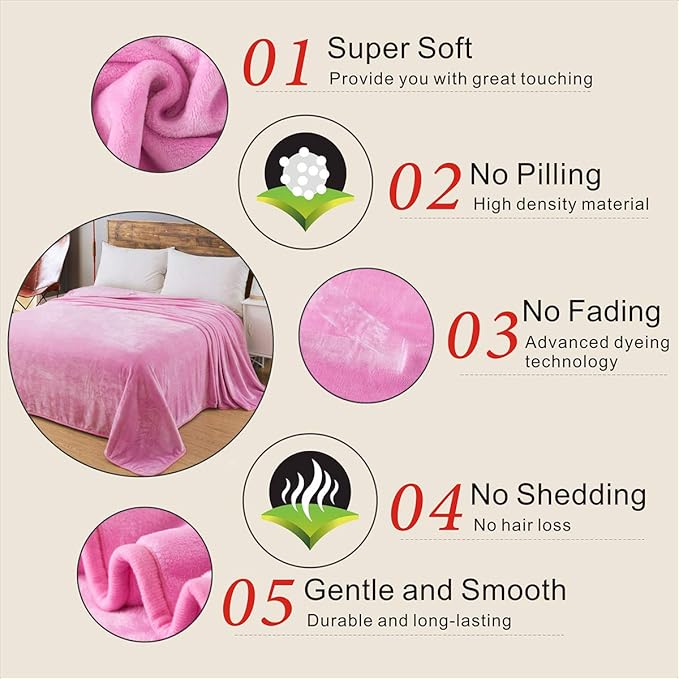 Fleece Blankets Travel Size for All Season 350GSM - Premium Lightweight Anti-Static Throw for Bed Extra Soft Brush Fabric Warm Sofa Thermal Blanket 50" x 61"(Pink Travel)