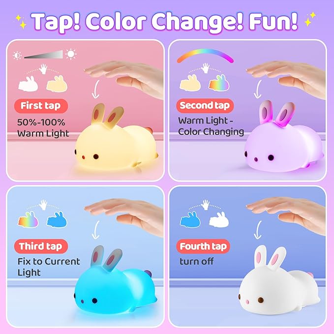 One Fire Bunny Toys for Kids Night Light for Kids, 16 Colors Cute Lamp, Soft Silicone Baby Night Light, 1200mAh Portable Dimmable Touch Lamps, Kawaii Room Decor, Christmas Gifts for College Girls