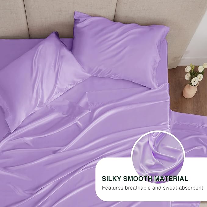 Love's cabin 4Piece California King Satin Bed Linen Set, Lavender Silky Satin Sheets, Deep Pocket, Luxury Silk Feel, 1 Flat, 1 Fitted Sheet, 2 Pillow Cases