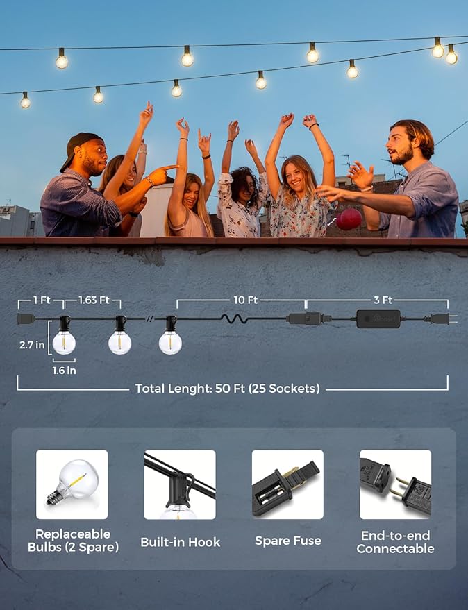 XMCOSY+ Patio Lights, Smart 50Ft Outdoor String Lights with 25 Dimmable G40 Globe Bulbs, APP Control, Work with Alexa, Connectable Waterproof LED Outdoor Light