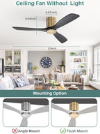 Sofucor 52 Inch Smart Ceiling Fan Without Lights Flush Mount Solid Wood Ceiling Fan with Alexa/Google Assistant/APP/Remote Control-Modern Outdoor Ceiling Fans No Light for Bedroom/Patio, Black Gold