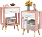 GYIIYUO Nightstands Set of 2 with Fabric Storage Drawer and Open Wood Shelf, Side Table with Storage for Bedroom, Bedside Tables - Pink