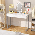 GreenForest Vanity Desk with 2 Drawers,47 inch White Desk with Glossy Desktop Easy Clean,Makeup Dressing Table with Metal Silver Legs for Home Office Small Spaces,Bedroom