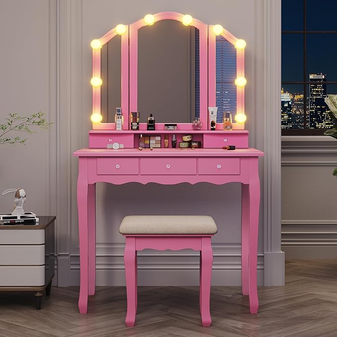 Tiptiper Vanity Desk with Tri-Fold Mirror and Lights, Makeup Vanity with Wood Upholstered Stool, Makeup Desk with 5 Drawers & 8 Jewelry Hooks, Small Vanity, Pink