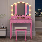 Tiptiper Vanity Desk with Tri-Fold Mirror and Lights, Makeup Vanity with Wood Upholstered Stool, Makeup Desk with 5 Drawers & 8 Jewelry Hooks, Small Vanity, Pink