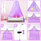 South to East Princess Bed Canopy With Glowing Stars for Girls Room, Purple Curtains From Ceiling for Twin and Full Size Beds, Ideal Gift