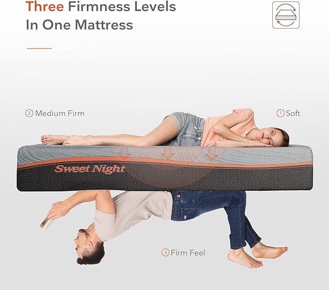 Sweetnight Mattress, 12 inch Memory Foam Mattress with Three Firmness Levels from Soft to Firm, Gel Infused for Cool Sleep and Spinal Support, Flippable King Size Mattress in a Box, Whisper