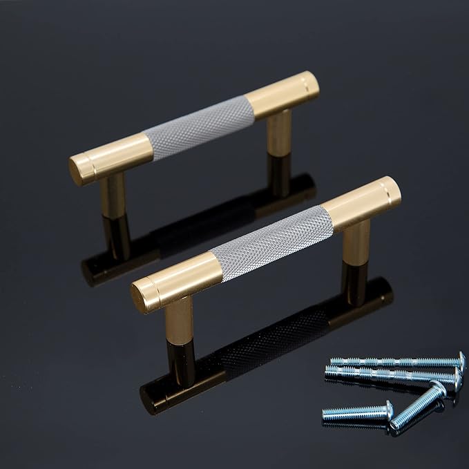 Knurled Cabinet Pulls 12 Pack, 4 Inch Long Cabinet Handles Metal Door Pulls, Kitchen Drawer Pull Knurled Dresser Handles - 3" Hole to Hole, Grey & Gold