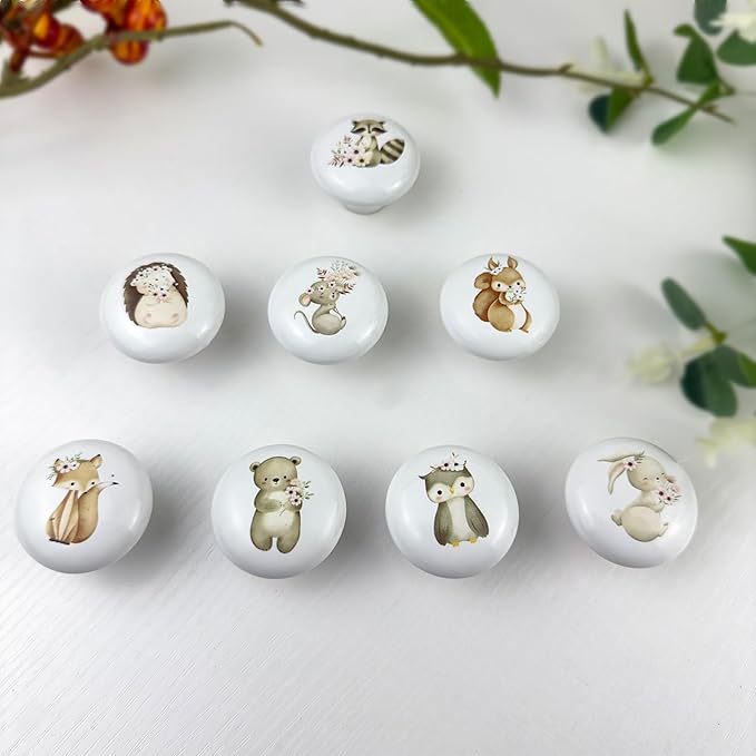 8Pack1.5 Ceramic Flower Safari Animals Cabinet Handle Knob Rabbit Nursery Wardrobe Dresser Drawer Knobs Pulls