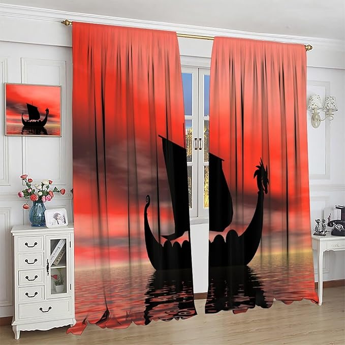Viking Ship Curtains, Fantasy Ocean Vintage Sailboat at Sundown Nautical Themed Print Blackout Window Treatments for Boys Bedroom Living Room 84x84in