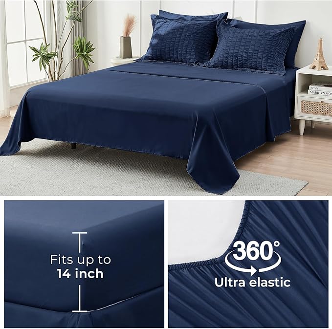HYMOKEGE Navy Blue Oversized Queen Comforter Set Seersucker 7 Pieces, All Season Luxury Bed in a Bag for Bedroom, Bedding Set with Comforter, Sheets, Pillowcases & Shams