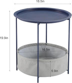 VECELO Round Side/End Table with Fabric Storage Basket，Metal Anti-Rust and Waterproof Small Bedside Nightstand with Removable Tray Top for Living Room，Balcony & Laundry，Blue /1pcs with Basket