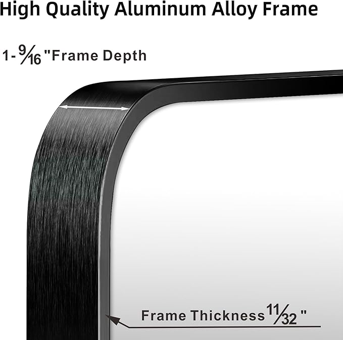 24"x36" Brushed Matte Black Metal Framed Rounded Rectangle Mirror, Wall Mounted Mirrors for Bathroom Entryway Vanity Living Room Bedroom, Vertical or Horizontal