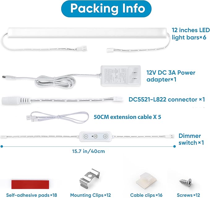 Litever Under Cabinet Lights Plug in, 3 pcs 12 Inches LED Light Strips. Super Bright Dimmable. for Kitchen Counter Top Shelf Workbench Closet Display Bookshelf Lighting. Cool White 4000K