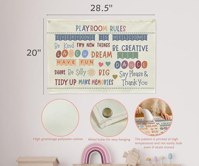Sioial Playroom Kids Toddler Room Wall Decor, Play Room Rules Wall Decor for Kids Play Game Room Bedroom Nursery Home School Playroom Essentials,Canvas Hanging Banner Poster 28.5x20 Inch