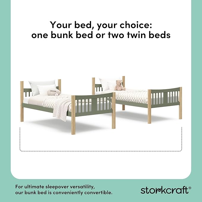 Storkcraft Caribou Bunk Bed Twin Over Twin Bunk Bed (Olive and Natural) - GREENGUARD Gold Certified, Twin Bunk Beds for Kids, Converts to 2 Individual Twin Beds (Mattress not Included)