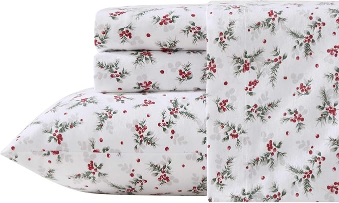 Laura Ashley - Flannel Sheets King Size, Anti-Pilling & Wrinkle Resistant Cotton, Touchably Soft for All-Season Comfort - Bed Sheets with Matching Pillowcases & Fitted Sheet (Berry Bright Red)
