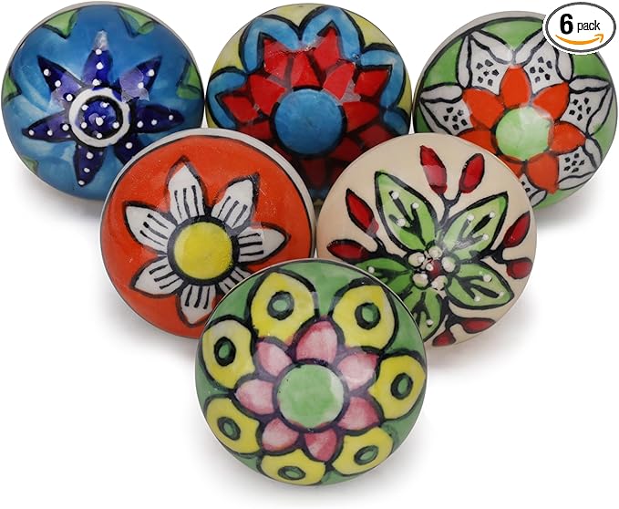 Cabinet Multicolor Assorted Ceramic Drawer Pull Handle Kitchen Cupboard Wardrobe Knob Boho Room Decorative Furniture Hardware Dresser Drawers Knobs-Pack of 6