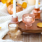 Pink Candlestick Holders 6PCS for Tealight Candle Stick Candles, Ribbed Glass Taper Candle Holders Set, Table Centerpieces for Weddings Christmas Home Decor Indoor and Outdoor