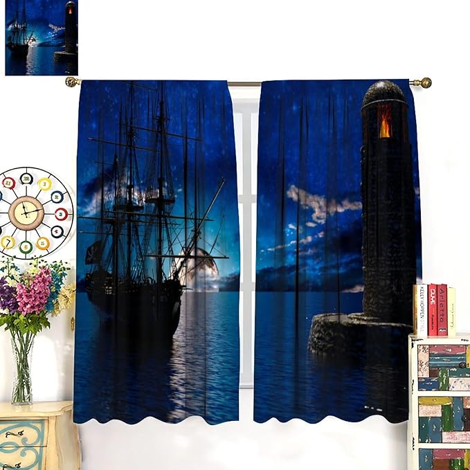 Pirate Ship Curtains, Nautical Sailboat Sailing Ocean Adventure Full Moon Cloudy Night Sky Old Lighthouse Print Blackout Window Treatments for Bedroom Living Room 63x72in
