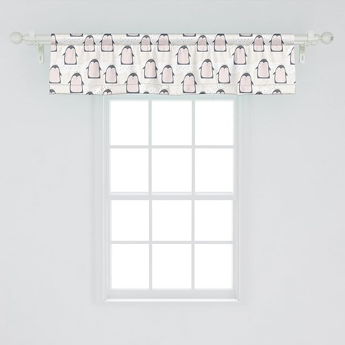 Ambesonne Penguin Window Valance Pack of 2, Pastel Colored Style Cartoon Animals from Antarctica Crowns on a Dotted Background, Rod Pocket Curtain Valances for Kitchen Bedroom, 54" X 12", Grey Pink