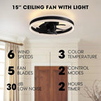 Ceiling Fans with Lights and Remote Flush Mount Black Ceiling Fan with Light,6 Speeds,LED Modern 15" Low Profile Ceiling Fans for Bedroom,Small Room
