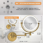 Hardwired Bathroom Makeup Mirror Wall Mount Gold, Double Sided 1/10X Magnifying Make up Mirror with Lights 3 Color & Adjustable Brightness, 360 Swing Arm Shaving Mirror, Brushed Moderne Brass
