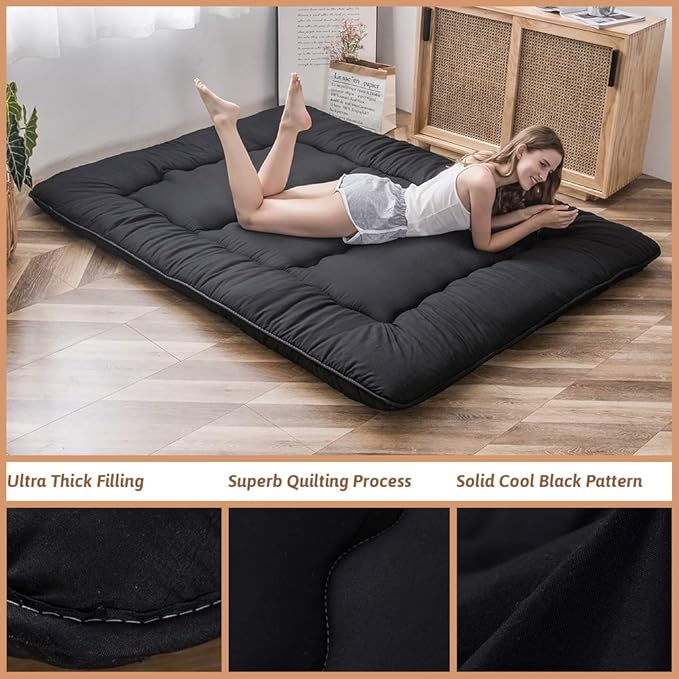 MAXYOYO Japanese Floor Mattress Futon Mattress, 4" Thicken Tatami Mat Sleeping Pad Foldable Roll Up Mat Boys Girls Dormitory Pad Kids Floor Lounger Pillow Bed, Black, Full