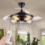 LEDIARY 42" Retractable Ceiling Fans with Lights, Farmhouse Industrial, Caged Fandelier Ceiling Fans with Remote, 6 Wind Speeds,Invisible Blades
