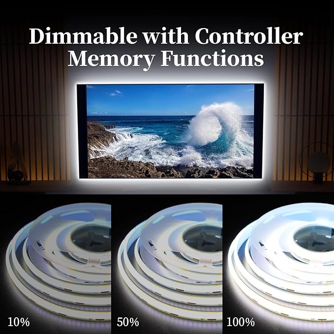 iNextStation USB COB LED Strip Light, 6.6ft 2M 5V 640LEDs 6000K Cold White USB LED Strips Dimmable CRI 93+ Flexible LED Tape Lights for TV Backlight, Under Cabinet, Mirror, Wardrobe, Home Decor
