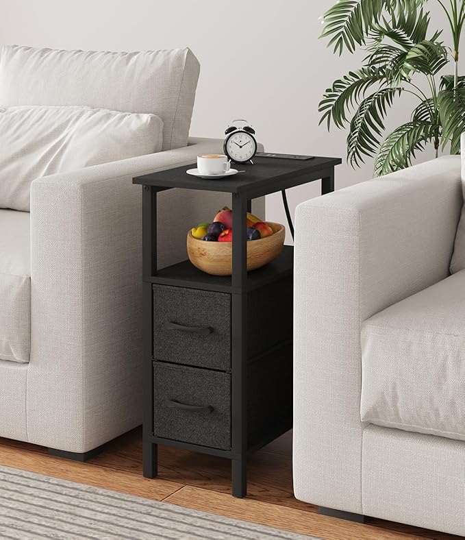 Narrow Side Table for Small Spaces, Skinny End Table with Charging Station, Sofa Beside Table with 2 Drawers 1 Open Compartment, Slim Nightstand with USB Ports Outlet, Rustic and Brown UTBT004F