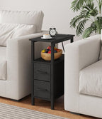 Narrow Side Table for Small Spaces, Skinny End Table with Charging Station, Sofa Beside Table with 2 Drawers 1 Open Compartment, Slim Nightstand with USB Ports Outlet, Rustic and Brown UTBT004F