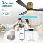 Sofucor 52 Inch Smart Ceiling Fans with Lights-Flush Mount Low Profile Modern Outdoor Solid Wood Ceiling Fans with Alexa/Google Assistant/APP/Remote Control for Bedroom/Farmhouse/Patio, Black Gold