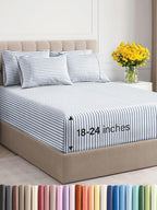 Extra Deep Full Sheet Set - 6 Piece Breathable and Cooling Sheets - Hotel Luxury Bed Sheets Set - Easy Fit - Soft, Wrinkle Free and Comfy Sheets Set - Blue Striped Sheet Set with Extra Deep Pockets