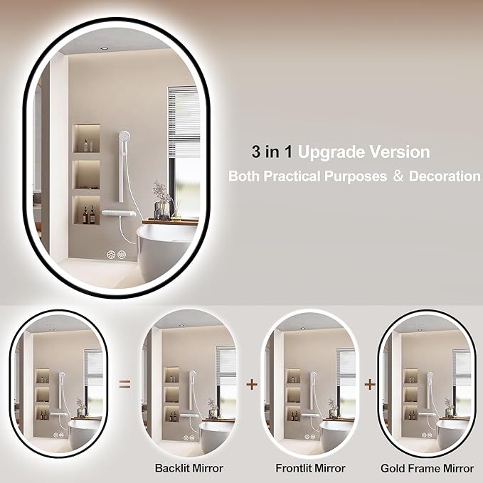 S'bagno 24x36 Oval Black LED Mirror for Bathroom with Frontlit & Backlit, LED Bathroom Mirror with Metal Frame, Anti-Fog, Stepless Dimmable, 3 Colors Temperature LED Vanity Mirror(Horizontal/Vertical)