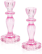 Glass Candle Holders, 2PCS Decorative Candle Stand Wide Base Candlestick Holder Table Centerpiece Decor for Wedding Festival Party Windowsill, Pink