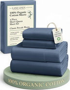 LANE LINEN 100% Organic Cotton Sheets Set, 4Pc Sheet Set Short Queen Size, Classic Percale Weave, Breathable RV Queen Cotton Sheet Set, RV Queen Deep Pocket Sheets, Oeko-Tex Sheets - Estate Blue