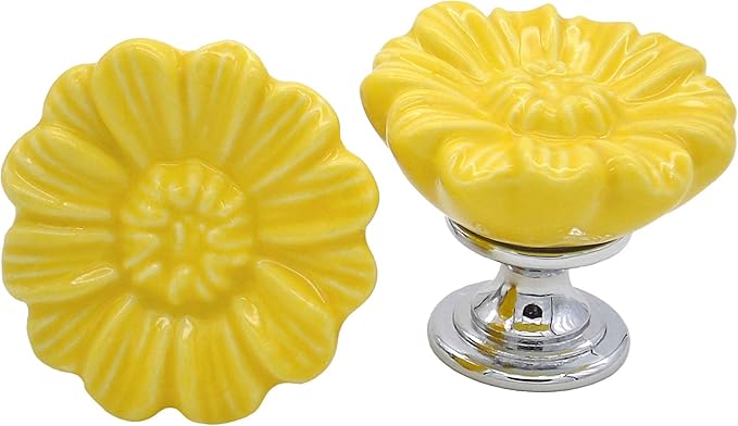 6PCS Vintage Floral Daisy Ceramic Dresser Drawer Knobs Elegant Cabinet Cupboard Door Hardware Pull Handles w/Screws Yellow