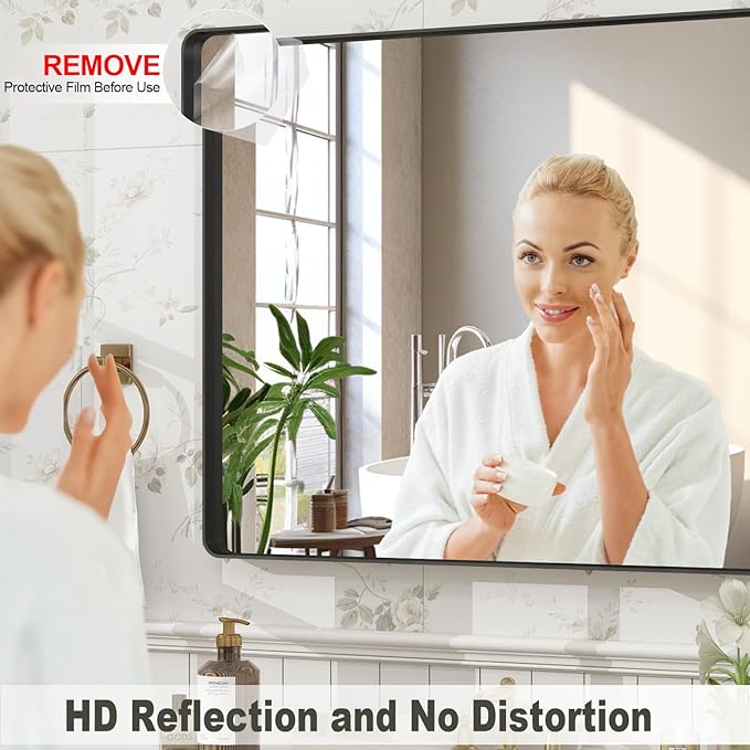 55x36 Inch Black Framed Bathroom Mirror for Wall, Large Matte Metal Framed Wall Mirror, Rounded Corner Rectangle Vanity Mirror, Tempered Glass, Anti-Rust, Shatterproof (Horizontal/Vertical)