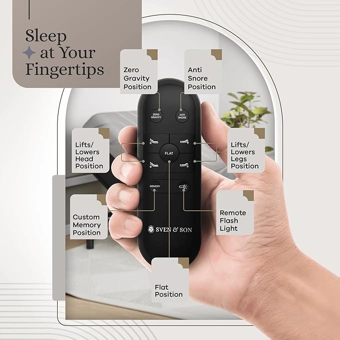 Sven and Son Essential Adjustable Bed Base (Frame Only), Easy Assembly, Head and Foot Lift, Memory Positions, Zero Gravity, Wireless Remote - Queen