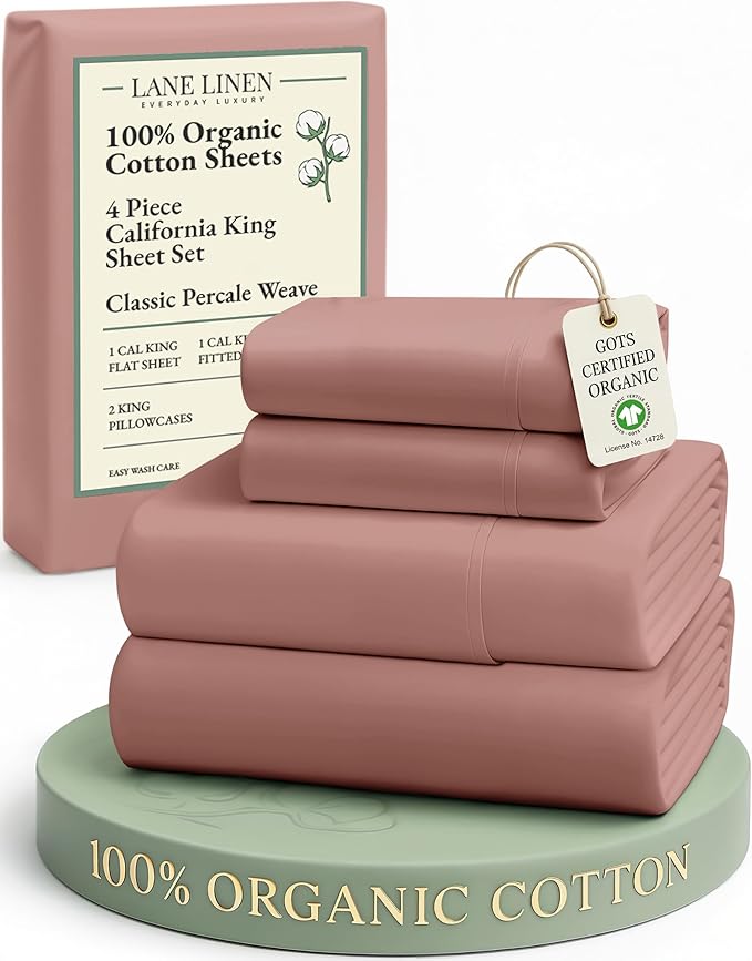 LANE LINEN 100% Organic Cotton California King Sheets Set, 4-Piece Pure Organic Cotton Long Staple Percale Weave Soft Best Bedding Sheets for Bed, Breathable, Fits Mattress Upto 15" Deep - Rose Dawn