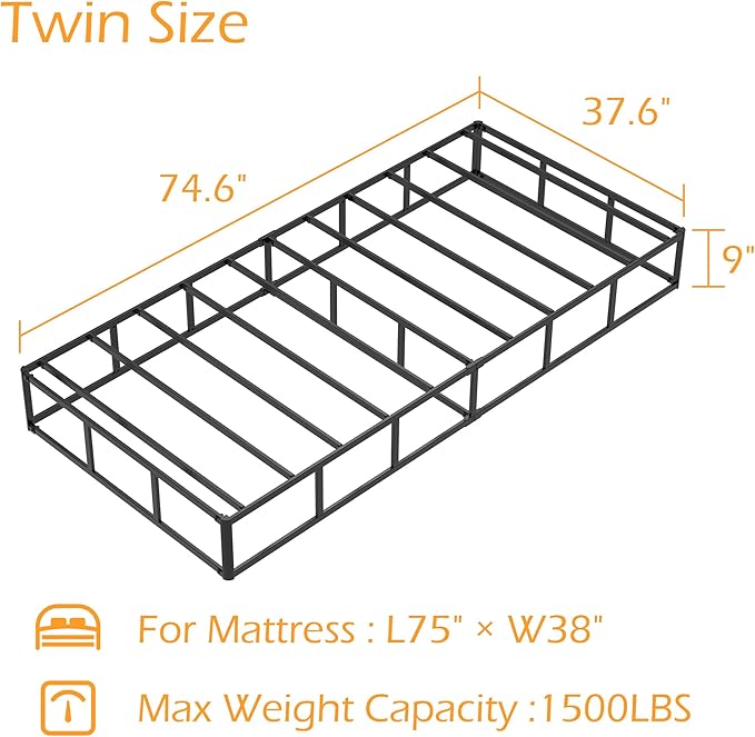 Twin Box Spring 9 Inch, Heavy Duty Metal Box Spring Bed Base with Fabric Cover, Mattress Foundation, Easy Assembly, Noise Free, Black