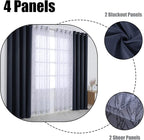 BONZER Mix and Match Curtains - 2 Pieces Branch Print Sheer Curtains and 2 Pieces Blackout Curtains for Bedroom Living Room Grommet Window Drapes, 37x95 Inch/Panel, Grey Dark, Set of 4 Panels