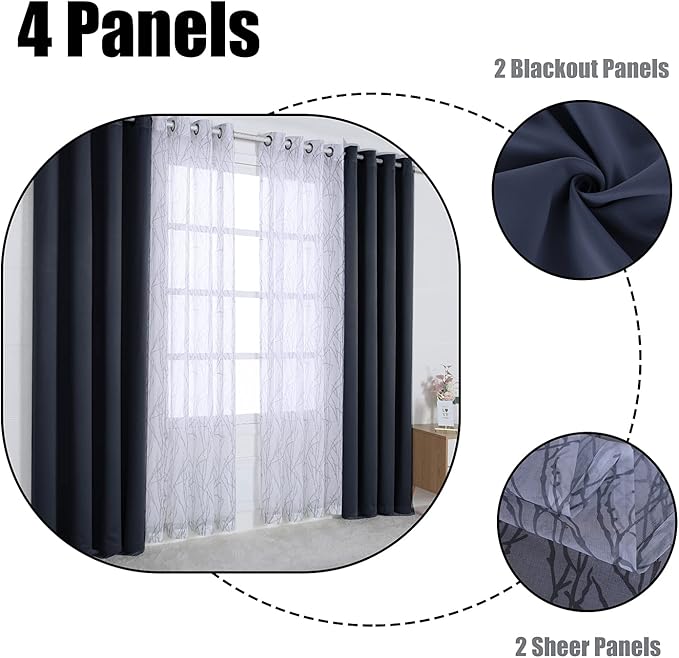BONZER Mix and Match Curtains - 2 Pieces Branch Print Sheer Curtains and 2 Pieces Blackout Curtains for Bedroom Living Room Grommet Window Drapes, 54x63 Inch/Panel, Grey Dark, Set of 4 Panels