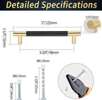 Knurled Cabinet Pulls 2 Pack, 5 Inch Long Cabinet Handles Metal Door Pulls, Kitchen Drawer Pull Knurled Dresser Handles - 3 3/4" Hole to Hole, Black & Gold