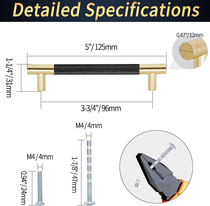 Knurled Cabinet Pulls 2 Pack, 5 Inch Long Cabinet Handles Metal Door Pulls, Kitchen Drawer Pull Knurled Dresser Handles - 3 3/4" Hole to Hole, Black & Gold
