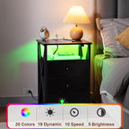 AMHANCIBLE Night Stand Set 2, LED Nightstand with Charging Station, End Side Tables with USB Port & Outlet, Bedside Table with Fabric Drawers for Bedroom Living Room, Black, HET053LBK