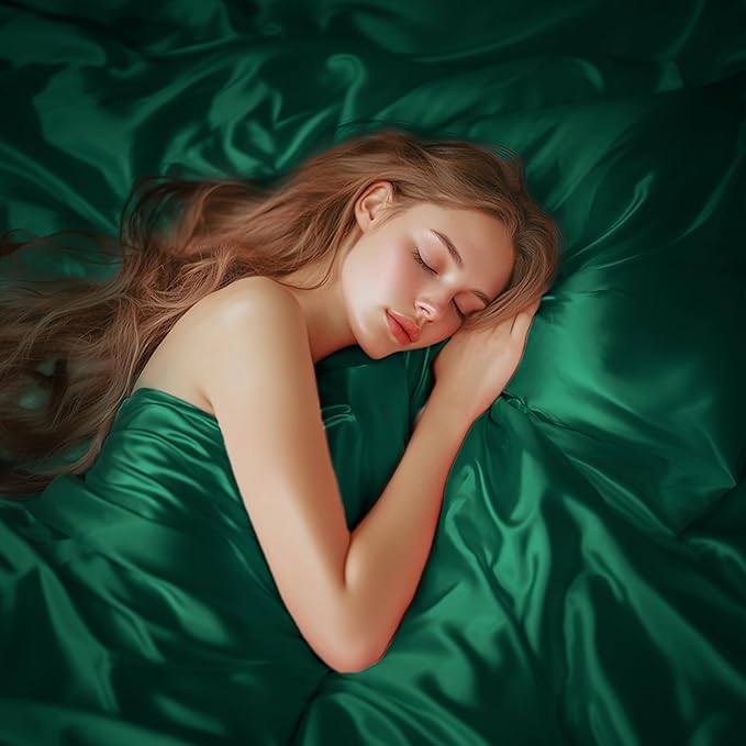 Love's cabin Satin Queen Sheets Set - 4 Piece Dark Green Silky Bed Sheets with Deep Pocket, Luxury Silk Feel Satin Queen Size Sheet Set (1 Flat Sheet,1 Fitted Sheet,2 Pillow Cases)
